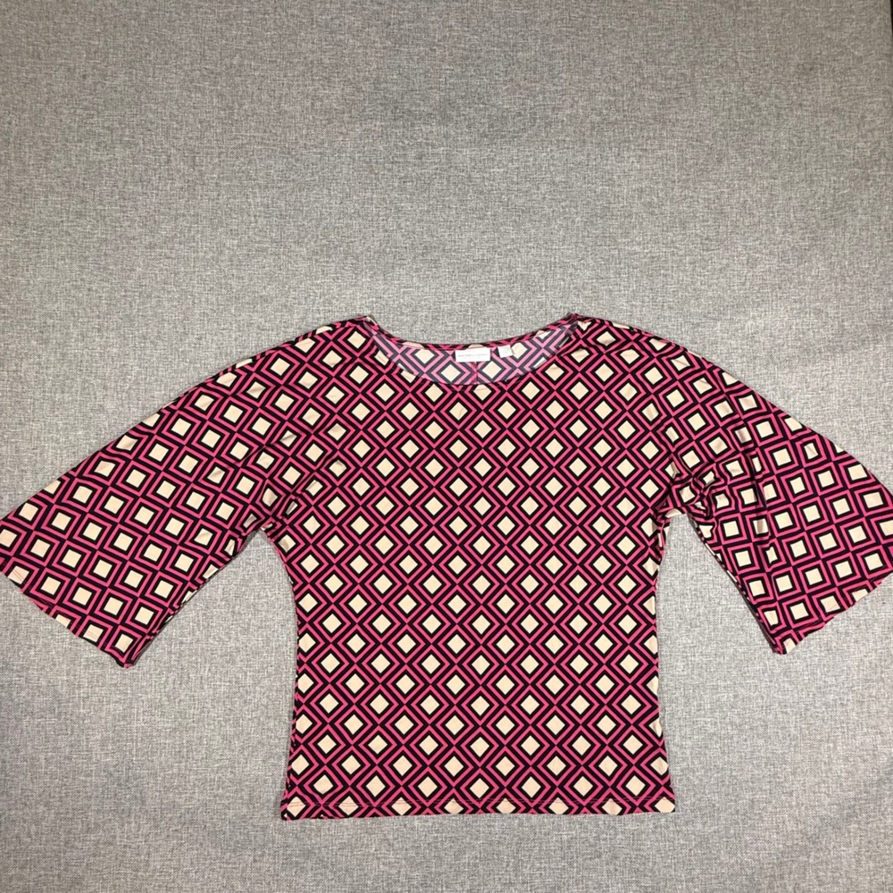 New York & Company Geometric Mod Blouse Women L Pink Black Retro 3/4 Bell Sleeve